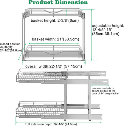 DINDON Pull Out Cabinet Organizer (22-1/2" W x 21-1/2"D), Cabinet Pull Out Shelves, 2 Tier Pull Out Drawers for Kitchen Cabinets, Wire Basket Slide Out Shelf, Pot and Pan Organizer