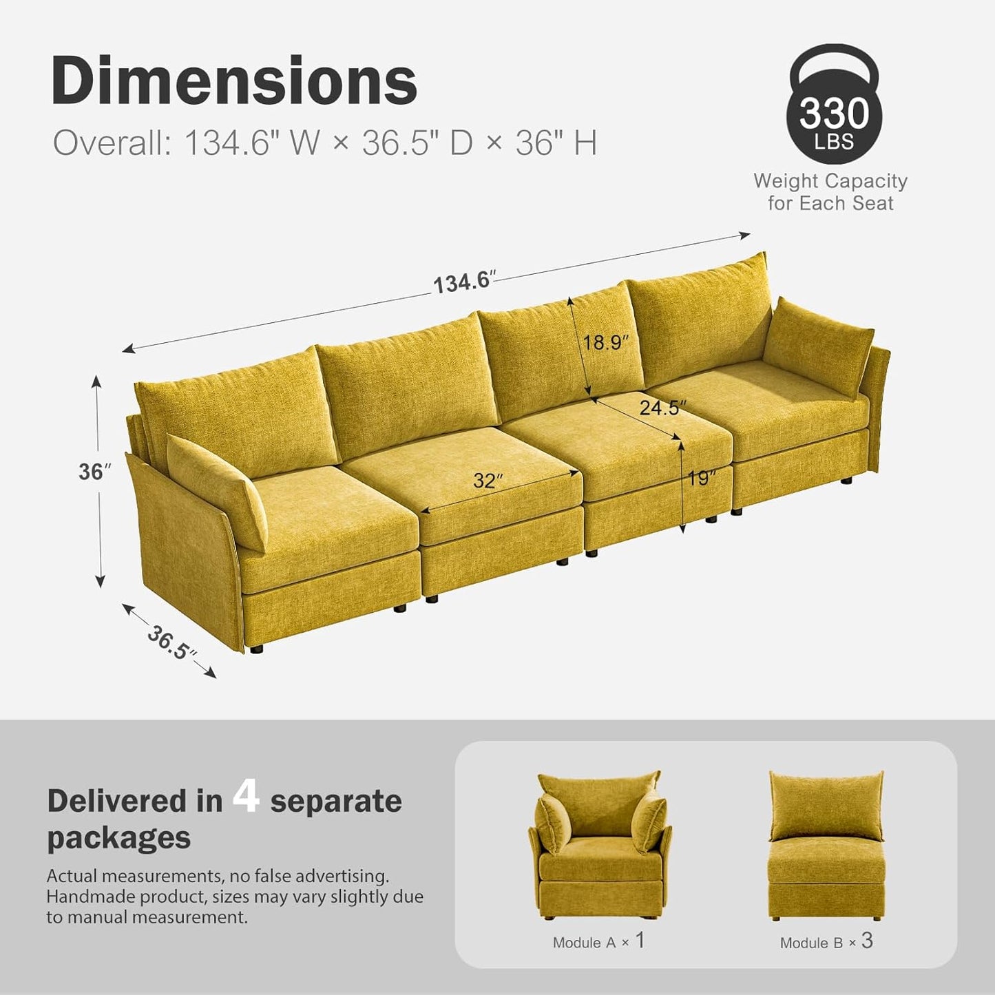 134.6" Modular Sectional Sofa, Oversized 4 Seater Couch with Removable Yellow Chenille Fabric Cover, Deep Seat & High Backrest for Living Room, Office & Apartment