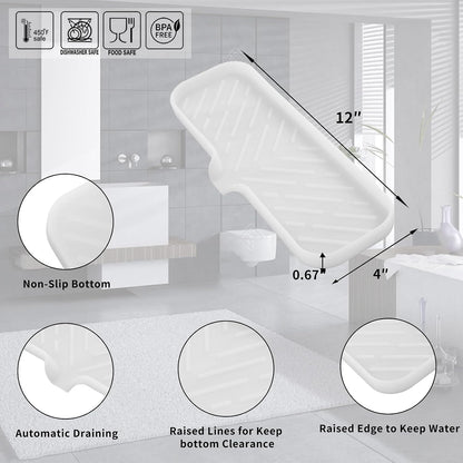 Silicone Bathroom Soap Dishes with Drain Spout-Bathroom and Kitchen Sink Organizer,Sponge Holder,Dish Soap Tray,Perfect for Dispenser,Scrubber,Bottle,Cup on Sink or Counter-Translucent 12"×4"