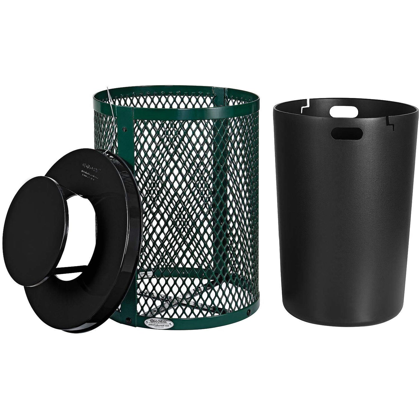 Global Industrial Outdoor Diamond Steel Trash Can with Rain Bonnet Lid and Plastic Liner, 36 Gallon Capacity, Green, Thermoplastic Coating, 23-1/2" Diameter, 40-1/2"H