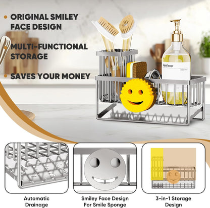 Sponge Holder for Kitchen Sink,Smiley Face Sink Caddy with Removable Brush Holder,Self-Draining Sponge Caddy for Soap,Dish Brush,Scrubber,Kitchen Essentials and Gadgets-Silver