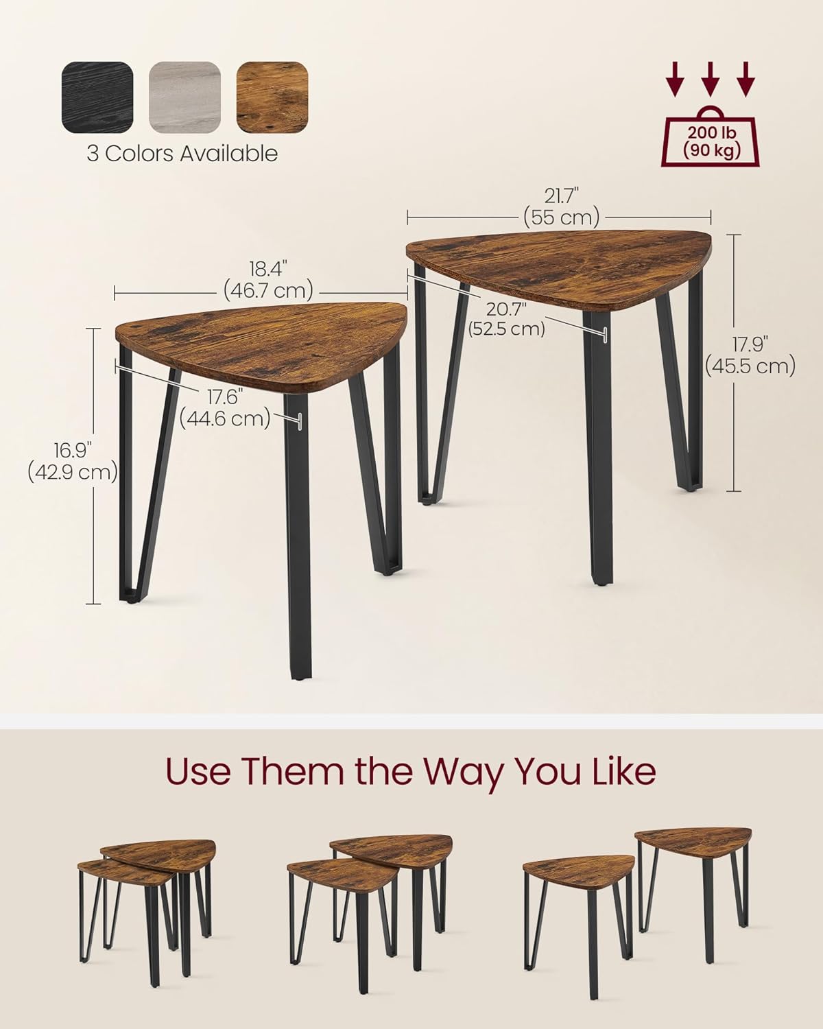 VASAGLE Nesting Coffee Tables, End Tables Set of 2 for Living Room Bedroom, Industrial Small Stacking Side Tables with Metal Frame for Couch, Rustic Brown and Black ULET013B01