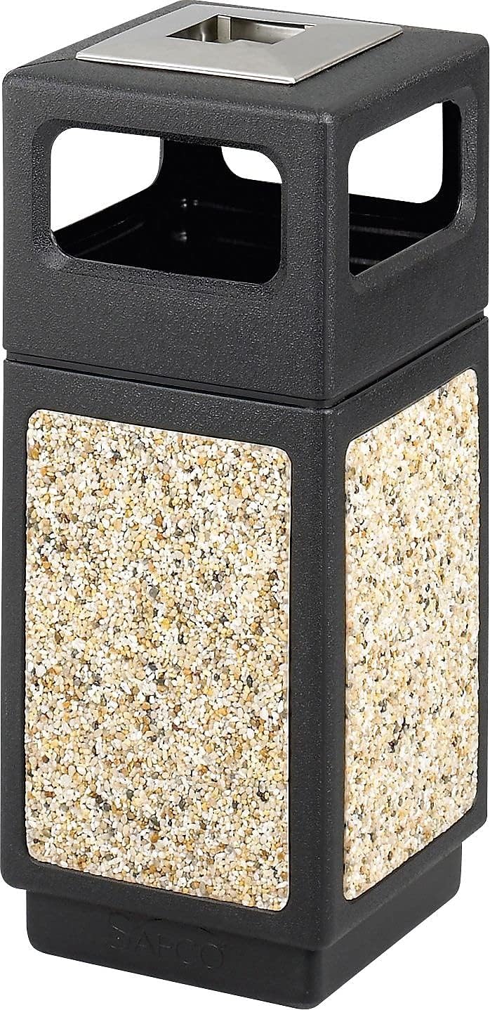 Safco Canmeleon Trash Can, 15 Gallons, Indoor and Outdoor Use, Durable & Weather-Resistant Commercial Garbage Can with Ashtray and Stone Panels, Black