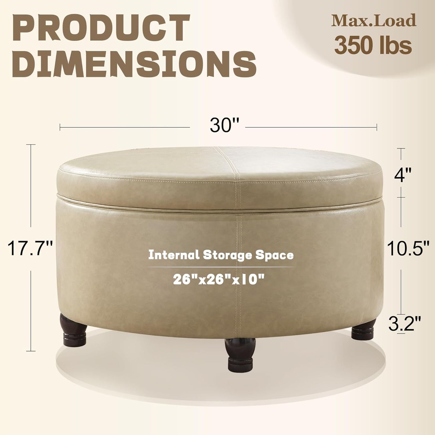 30-Inch Round Storage Ottoman, Modern Ottoman Coffee Table with Removable Top for Living Room, Bedroom, Office (Khaki)