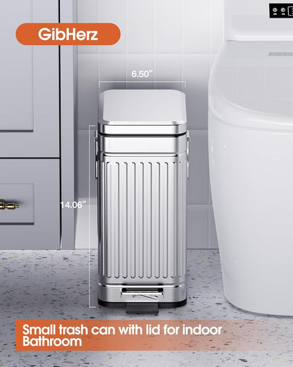 Small Trash Can with Lid Soft Close-10L/2.6 Gal Stainless Steel Outdoor Dog Poop Garbage Can-Metal Waste Bins with Pedal for Bathroom Bedroom Office-Silver