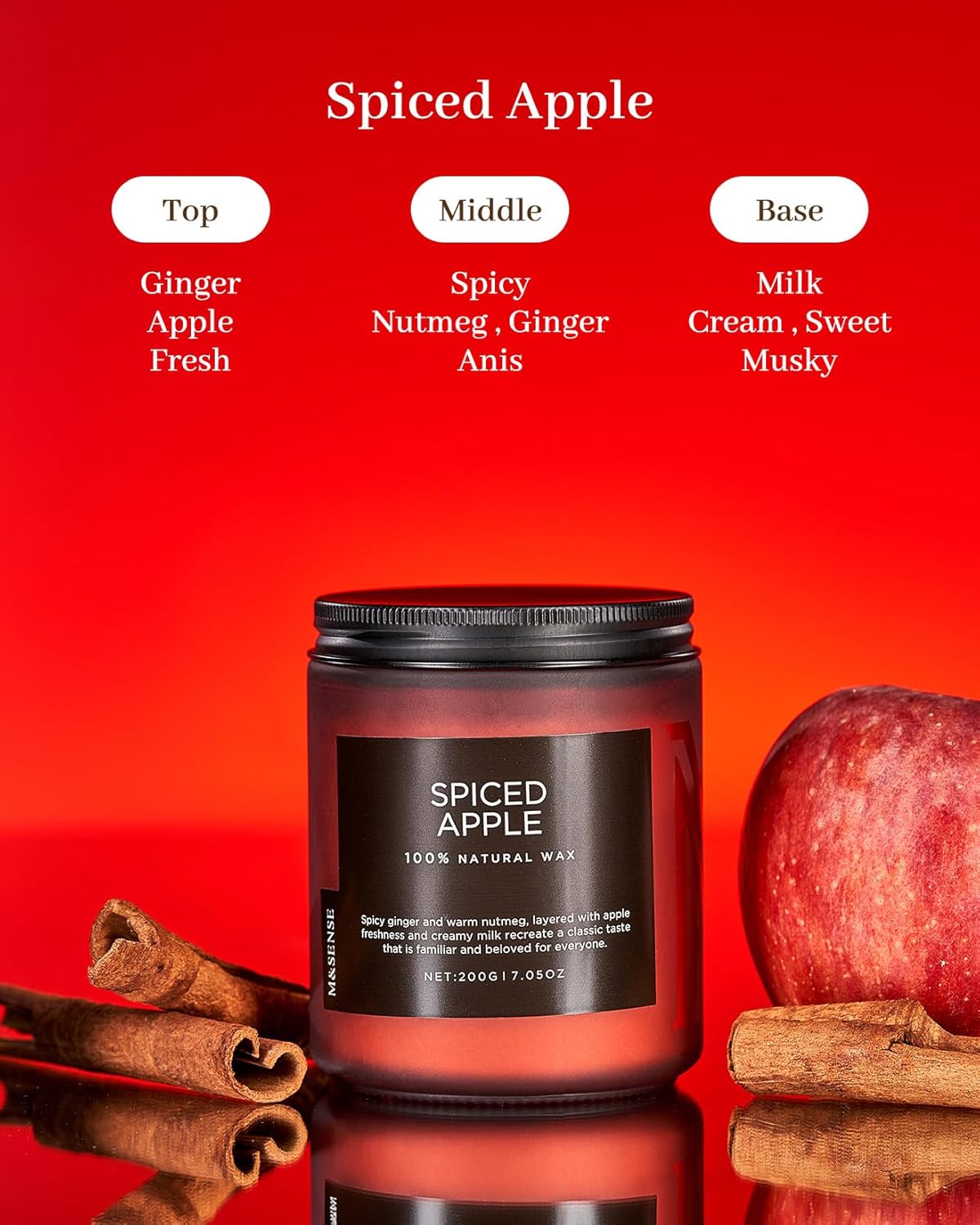 M&SENSE Spiced Apple Cotton Wick Fall Scented Natural Soy Wax Candle for Autumn Decor, Strong Fall Scented Candle 7.05oz Up to 50 Hours Burn Time Gift for Christmas Holiday Celebration