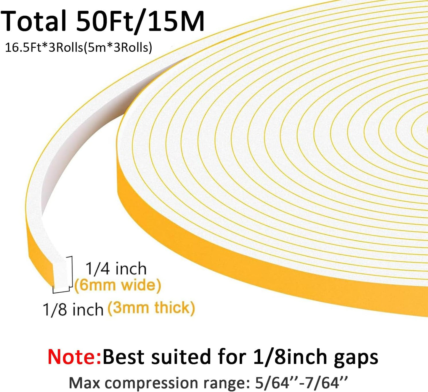 Upgraded Strong Adhesive Foam Tape, Soundproof Door Insulation Weather Strip, Weatherproof Door Weather Stripping Door Seal Strip for Sliding Door, Windows, White(1/4 in x 1/8 in x 50Ft)