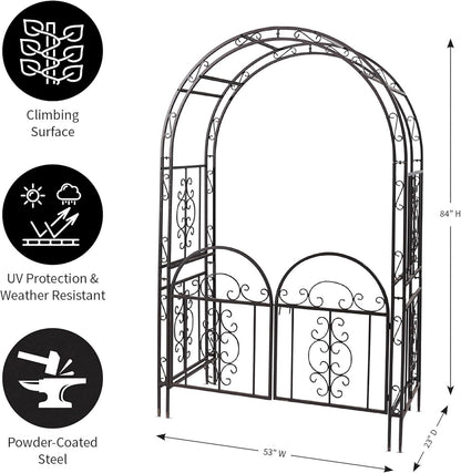 Plow & Hearth Arch Metal Outdoor Garden Arbor Double Gate | Montebello | 7 Feet Tall | Gunmetal Black | Trellis Lattice Climbing Plants