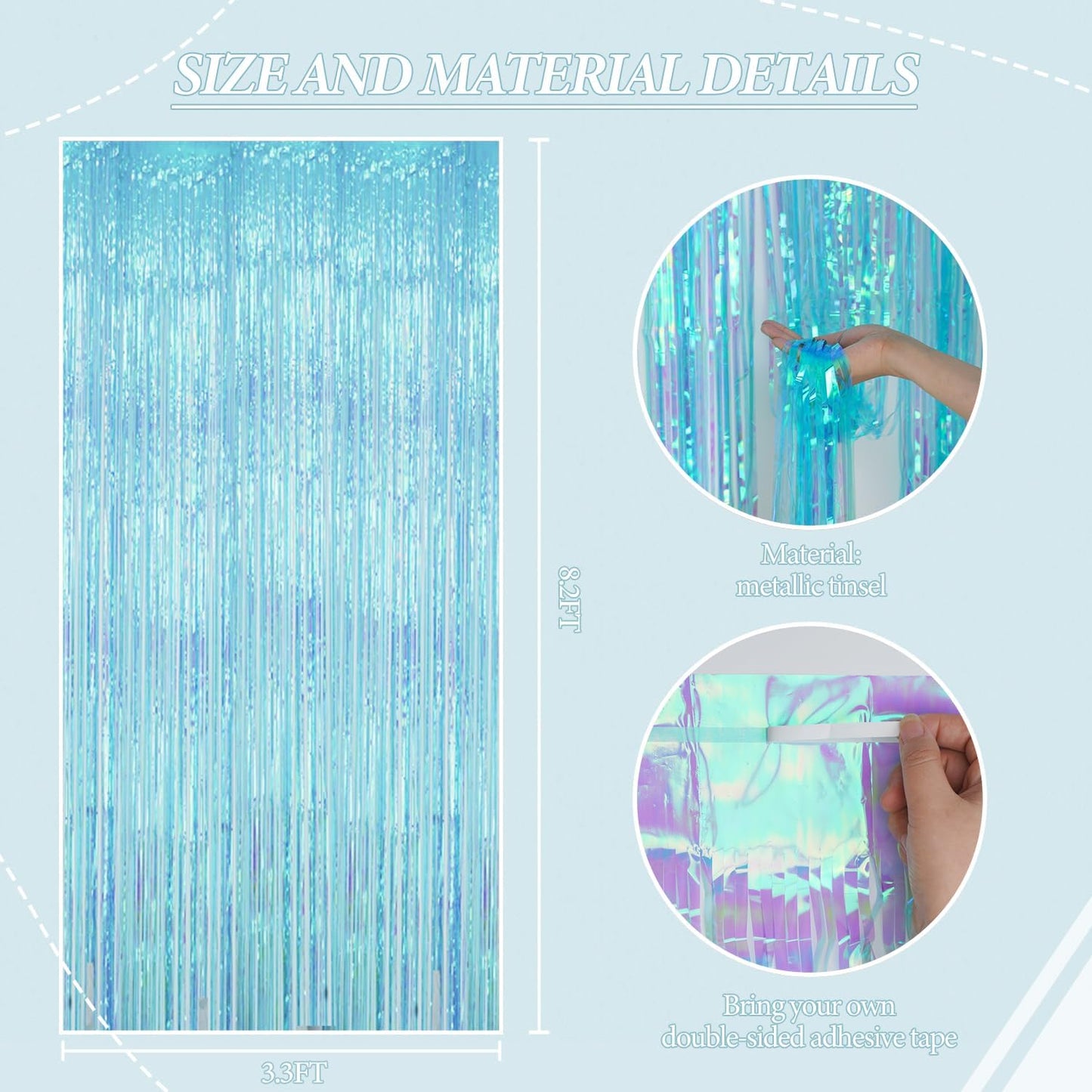 3 Pack Foil Fringe Backdrop - Transparent Blue Shiny Tinsel Curtains for Party Decoration/Photo Booth Props - 3.3x8.2FT Metallic Foil Backdrop for Birthday, Wedding, Graduation, Christmas