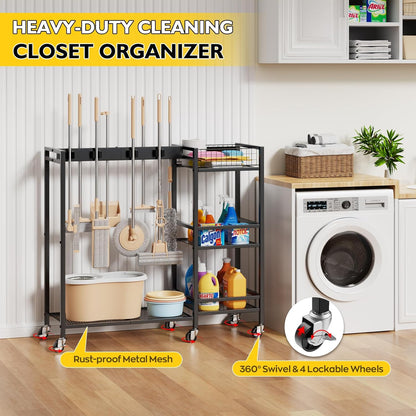 Broom Holder with Cleaning Supplies Organizer, Movable Broom Closet Storage Cabinet with Cleaning Caddy, Cleaning Cart with Mop Rack, Janitorial Housekeeping Cart on Wheels, Laundry Room Organization