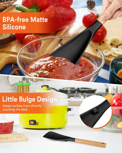 Multifunction Spatula Spoon for Nonstick Cookwares, Great for Cooking and Serving, Sturdy BPA-Free Matte Silicone, Wood Handle Spatula for Mixing, Scoop, and Scrape, Black(2 pack,11.4" & 13.4")