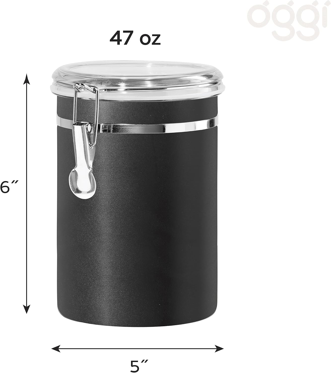 Oggi Stainless Steel Kitchen Canister 47 fl oz, Black - Airtight Clamp Lid, Clear See-Thru Top - Ideal for Kitchen Storage, Food Storage, Pantry Storage. Large Size 5" x 6".
