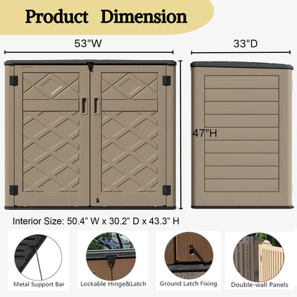 ZZM Large Outdoor Storage Shed, 48 Cu Ft Resin Versatile Storage Cabinet for Patio Accessories, Trash Cans & Garden Tools, Durable Horizontal Storage Box with Lockable Lid (Coffee)