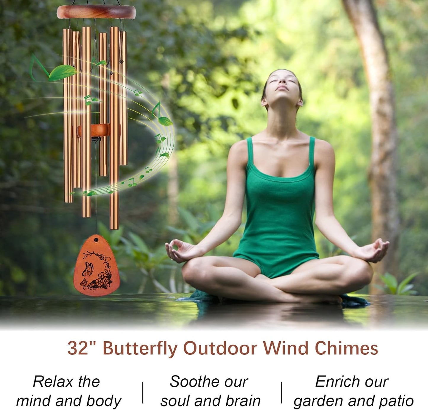 Wind Chimes for Outside, 32" Butterfly Windchime for Outdoor, Butterfly Gifts for Mom Sister, Garden Patio Gift Ideas for Women Friend Co-Worker (Golden)