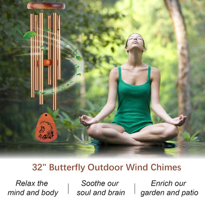 Wind Chimes for Outside, 32" Butterfly Windchime for Outdoor, Butterfly Gifts for Mom Sister, Garden Patio Gift Ideas for Women Friend Co-Worker (Golden)