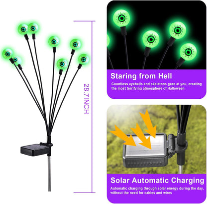 ASMAD Halloween Decorations Outdoor Solar Scary Eyeball Lights, 4Pack 32LEDs Green Eyeball Swaying Firefly Light, Waterproof Halloween Path Lights for Garden/Yard/Patio/Party Decor