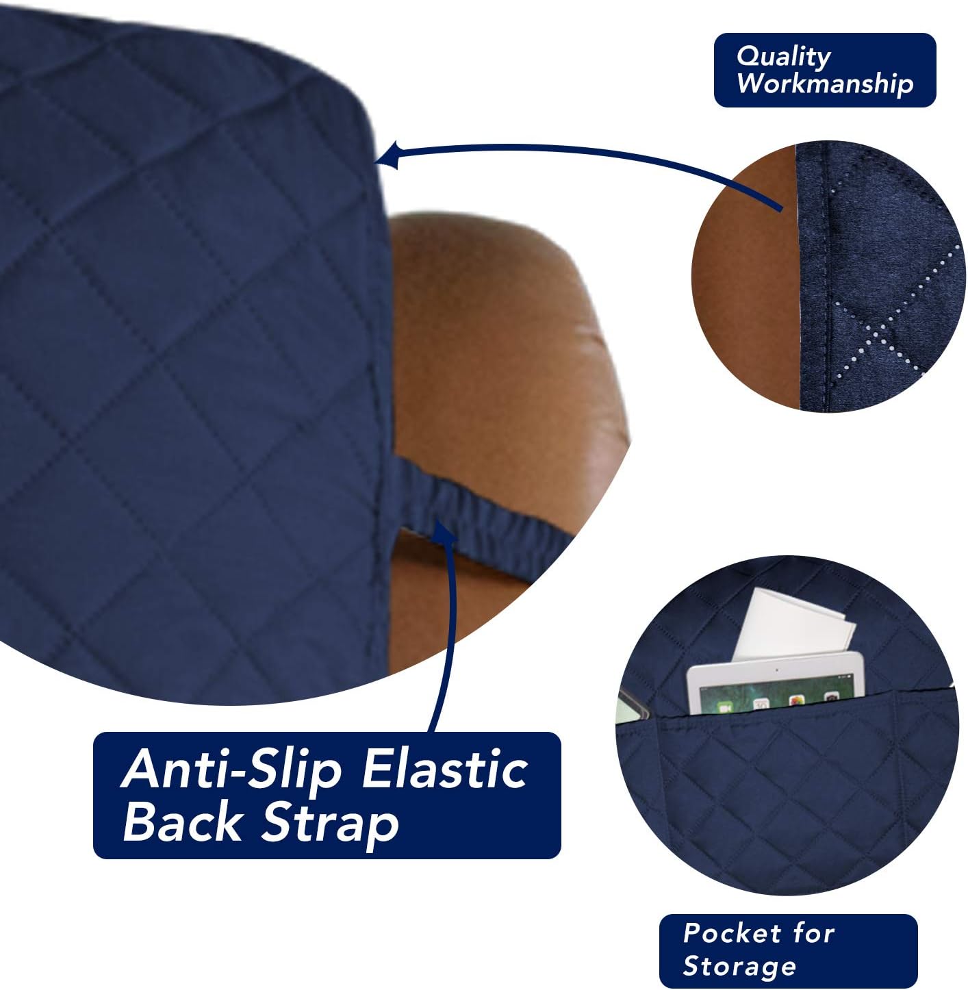 PureFit Reversible Quilted Sofa Cover, Water Resistant Slipcover Furniture Protector, Washable Couch Cover with Non Slip and Elastic Straps for Kids, Dogs, Pets (Oversized Recliner, Navy/Ivory)