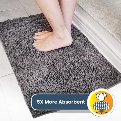 Muddy Mat® 4-Piece Grey Medium 30"X19" AS-SEEN-ON-TV Highly Absorbent Microfiber Door Mat, Bath Mat and Pet Rug, Non Slip Thick Washable, Soft Chenille for Kitchen Bathroom Bedroom Indoor and Outdoor