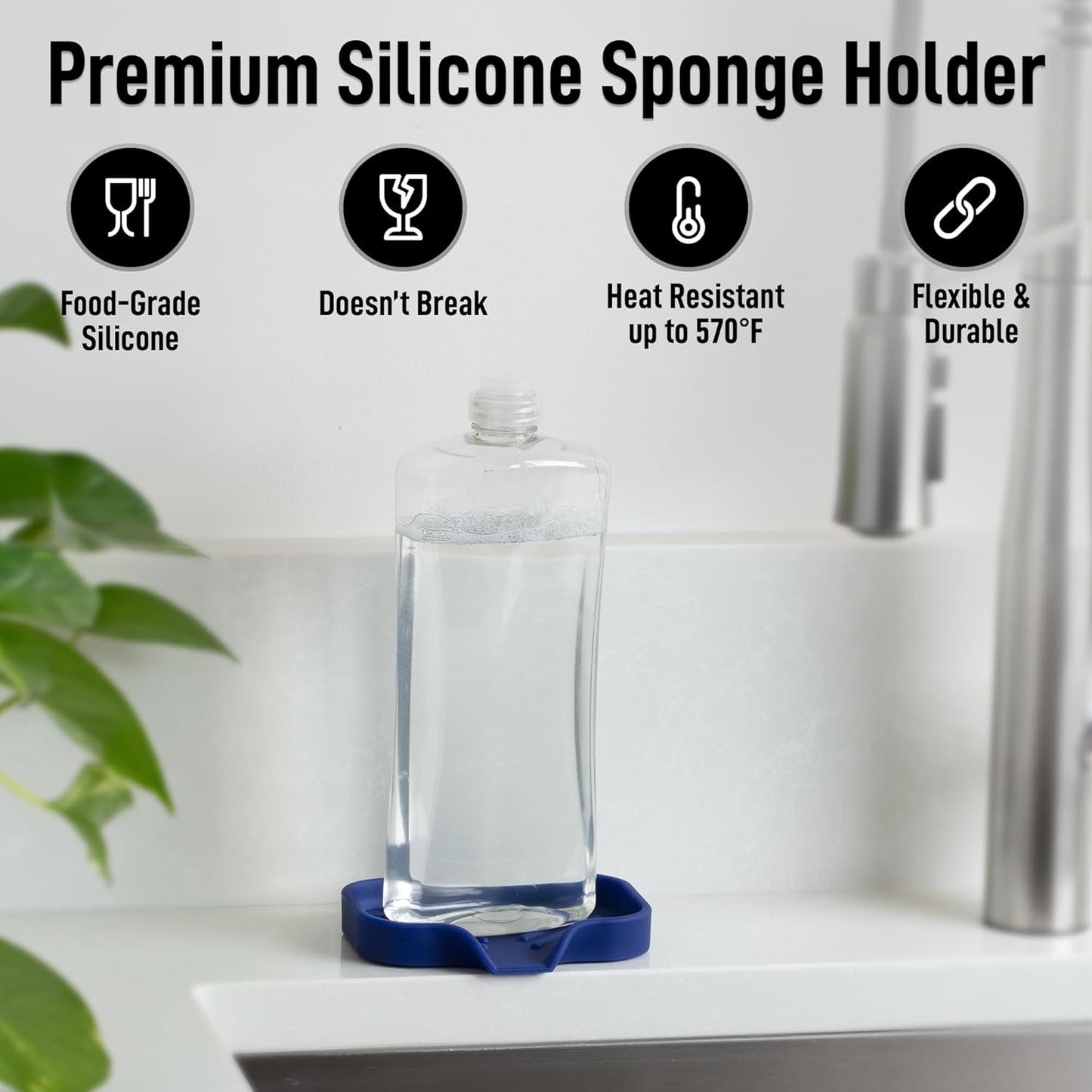 Zulay Kitchen Small Silicone Sponge Holder (4.9x3.3”) – Space-Saving Sink Organizer Tray for Sponge, Soap, Brush & More – Compact Non-Slip Dish for Kitchen & Bathroom (Dark Blue)