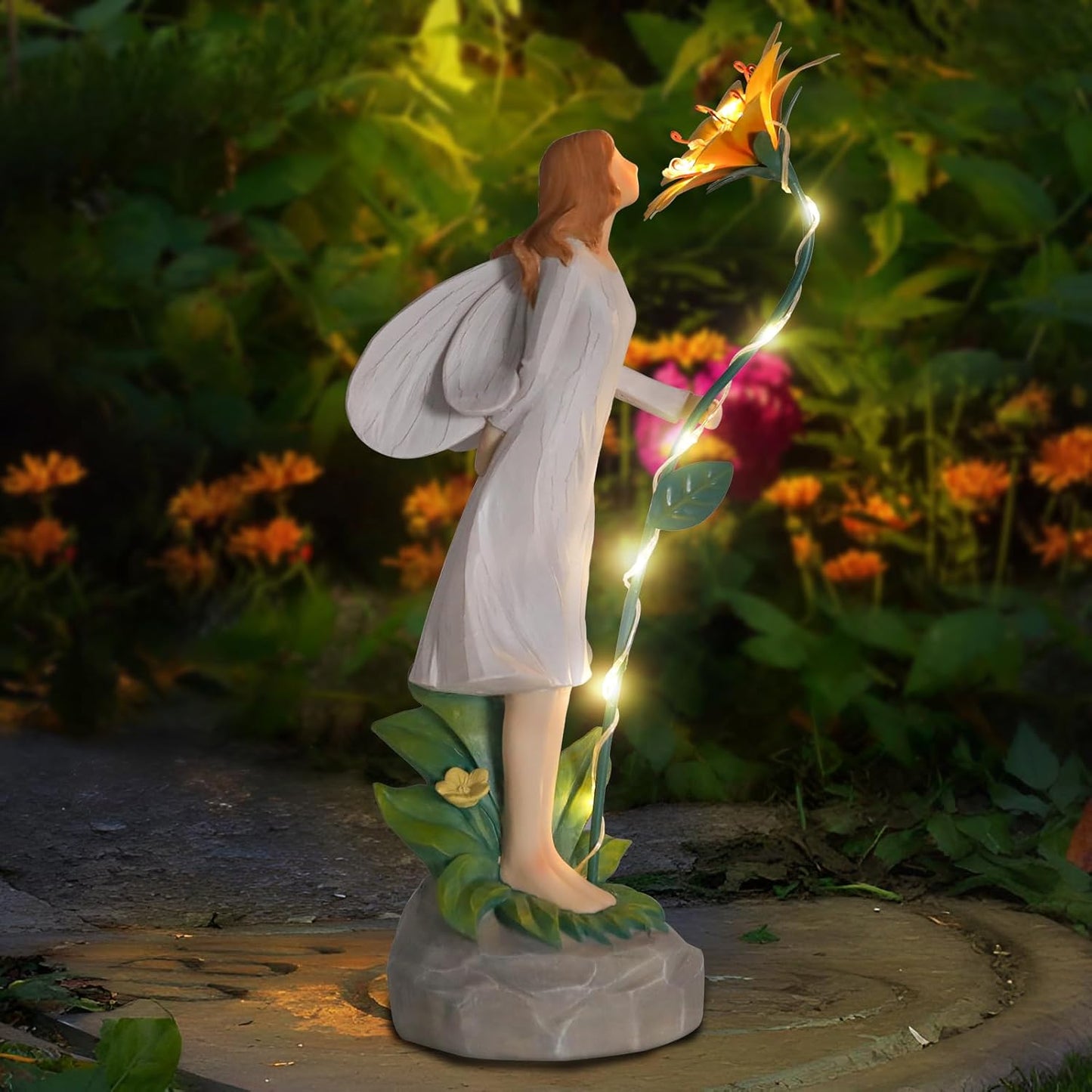 Fairy Garden Statue Outdoor Decor, Solar Powered Garden Sculptures Fairy Resin Statues Waterproof Yellow Flower Solar LED Lights Yard Art Decorations for Outside Patio Lawn Decor