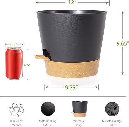 Self Watering Pots for Indoor Plants,12 inch Planters with Drainage Holes Plastic Flower Pots with Deep Reservoir, Black with Brown