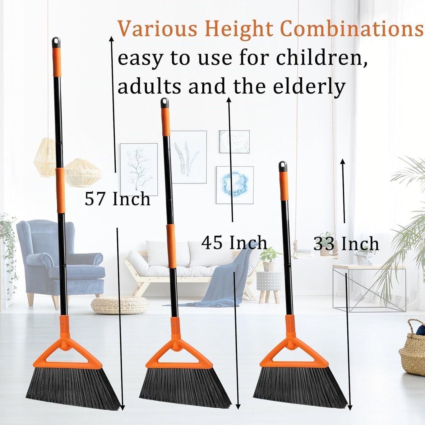 Outdoor Indoor Broom, Brooms for Sweeeping Indoor, Heavy-Duty Kitchen Broom with Long Pole, Angle Broom Orange for Garages Restaurant Courtyard Office Slidewalk Lobby Sweep Dust