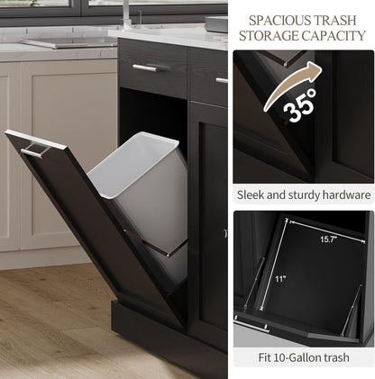 4 EVER WINNER Kitchen Island on Wheels with Storage, Rolling Kitchen Island Cart with Trash Can Cabinet, Kitchen Island Table with Spice Rack & Towel Rack, Black