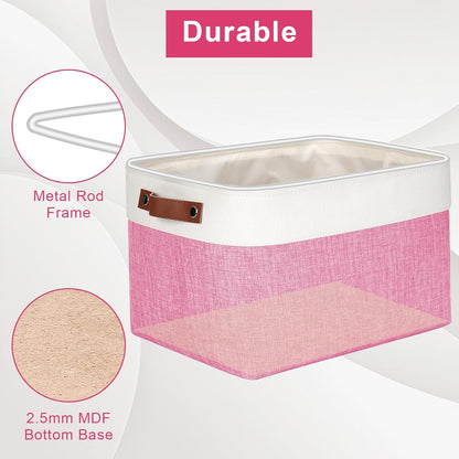 Storage Bins Large Fabric Storage Baskets for Shelves 3 Pack, Decorative Linen Closet Baskets with Handles for Organizing, Shelf, Clothes, Home, Office, 15x11x9.5Inches (Pink&White)