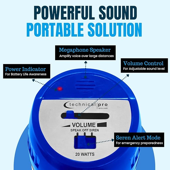 Technical Pro 20 Watts Lightweight Portable 300M Range Megaphone Bullhorn with Strap, Siren, and Volume Control, Good for Trainers, Soccer, Football, Baseball, Coaches