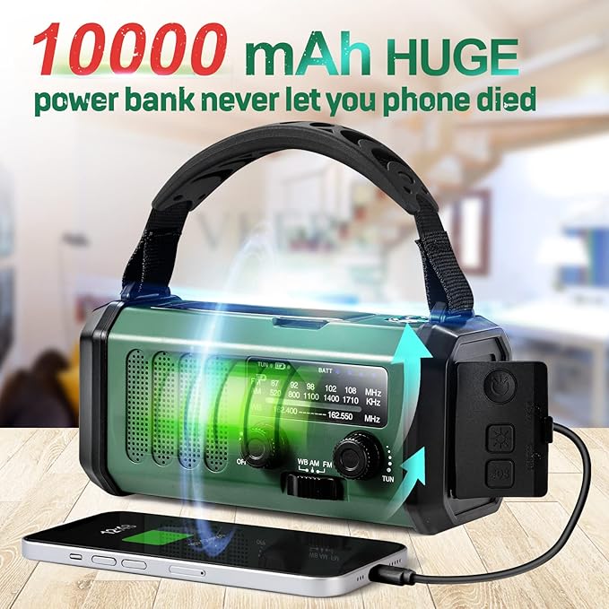 Emergency Hand Crank Radio with 10000mAh/37000mWh Battery Backup, NOAA/AM/FM Weather Radio, Type-C Charge,Solar Charging,SOS, 3 Modes LED Torch, Reading Lamp, Compass for Outdoor Survival