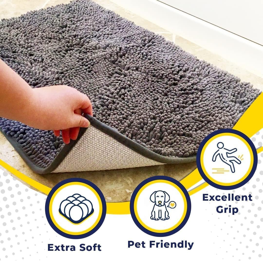Muddy Mat® 4-Piece Grey Medium 30"X19" AS-SEEN-ON-TV Highly Absorbent Microfiber Door Mat, Bath Mat and Pet Rug, Non Slip Thick Washable, Soft Chenille for Kitchen Bathroom Bedroom Indoor and Outdoor