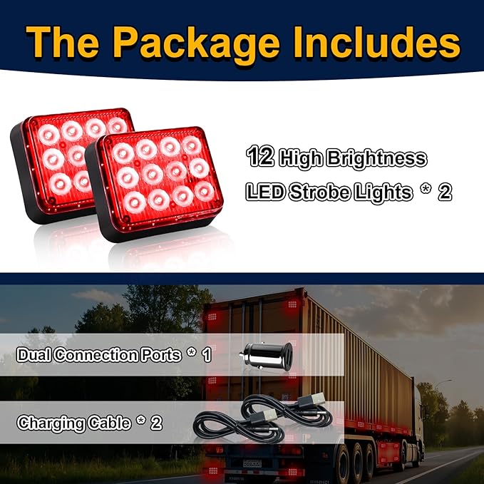 2PCS Magnetic Trailer Lights, Red Beacon Wireless Magnetic Strobe Lights Rechargeable Emergency Warning Lights Portable Surface Mount Strobe Lights for 12V 24V Trucks Car Trailer Vehicles Van