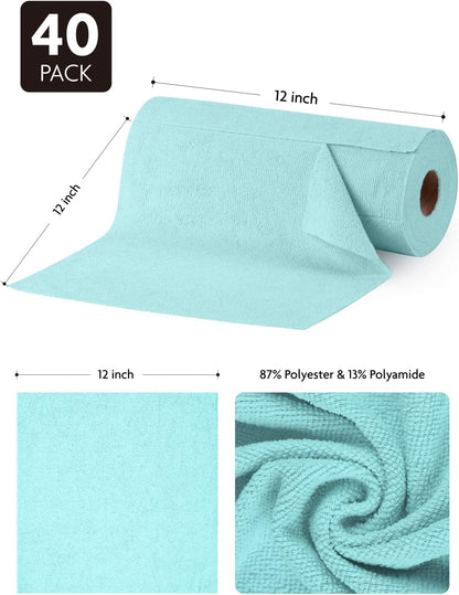 Fantasticlean Microfiber Cleaning Cloth Roll -40 Pack, Tear Away Microfiber Towels, 12" x 12", Reusable, Washable, Scratch Free, Ultra Absorbent Dish Rags for Car, Home, Garage or Shop (Blue)