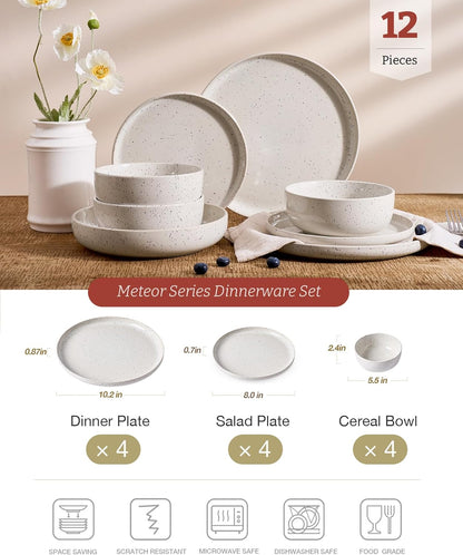 Famiware Meteor Plates and Bowls Sets for 4, 12 Pieces Dinnerware Sets, Microwave and Dishwasher Safe Dishes Set, Creamy White