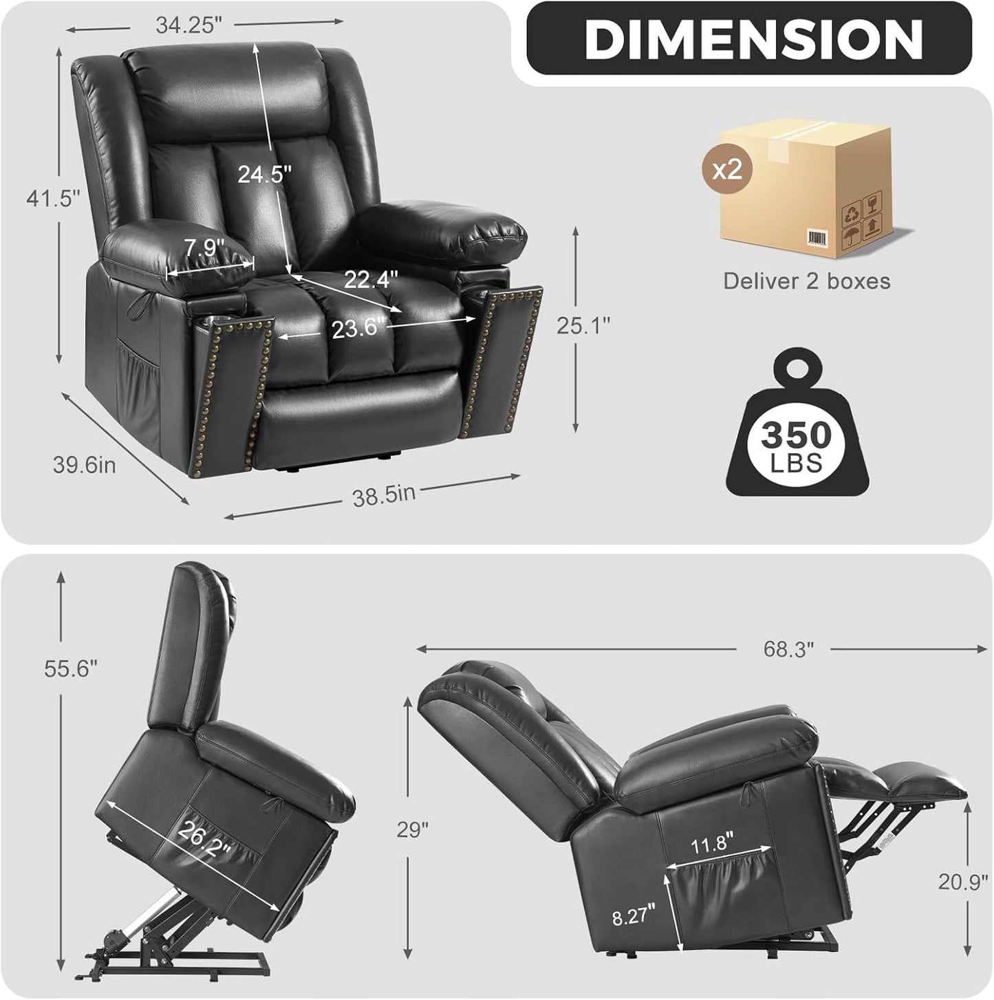 Electric Power Lift Recliner Chair for Elderly with Heat & Massage, Breathable Leather Large Reclining Chairs w/2 Concealed Cup Holders for Seniors Home Living Room,1PC,Grey