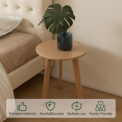 100% Solid Oak Round Side Table, Small Bedside Table for Small Spaces, Living Room End Table with Stable Frame for Bedroom Couch, (Natural, 17.71" D x 19.68" H)