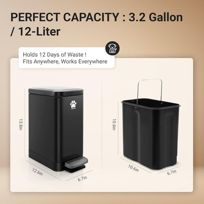 Dog Poop Trash Can Outside with Poop Scooper for Dogs, 12L/3.2Gal Metal Outdoor Garbage Can with Lid Suitable for Small, Medium and Large Dogs (Tungsten Steel)