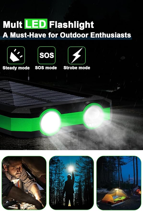 WONGKUO Solar Charger Power Bank - 36800mAh Solar Phone Charger, QC3.0 Fast Charger with LED Flashlight, IP65 Waterproof Portable Power Bank for Outdoor Activities (Matte Green)