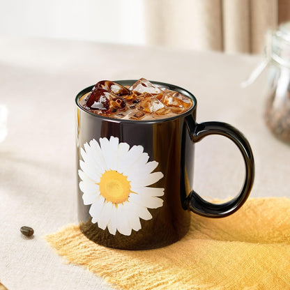 12Oz Daisy Black Ceramic Mug, Mug for Daily Coffee and Tea, Lead-free, Microwave and Dishwasher Safe Coffee Mug, Perfect gifts for women and men