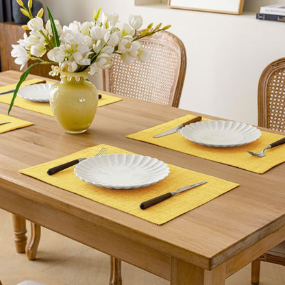 Placemats Set of 4, Bilayer Thickened Linen Place Mats Heat Resistant Machine Washable Wrinkle Free Carefully Selected Polyester Mats for Kitchen/Dining/Coffee Table (Yellow)