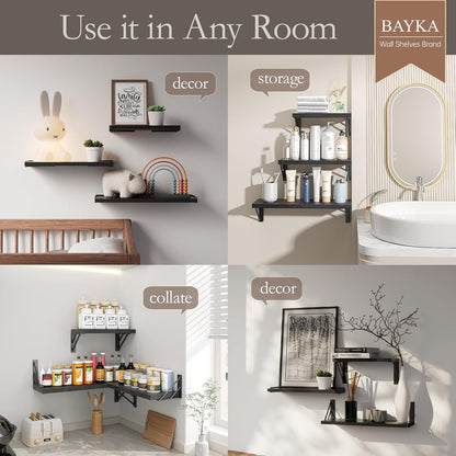 BAYKA Wall Shelves for Bedroom Decor, Floating Shelves for Wall Storage, Display Mounted Rustic Wood Shelf for Books,Plants,Corner Shelves for Bathroom,Kitchen,Living Room(Set of 4)