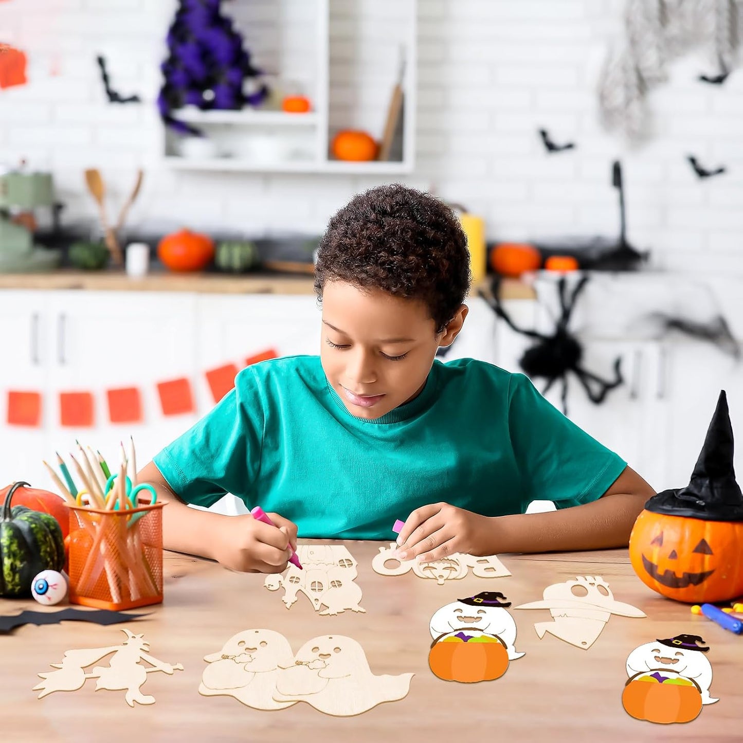 24 PCS Unfinished Wooden Halloween Crafts, Pumpkin Ghost Shaped Hanging Ornaments DIY Wood Craft Cutouts for Home Party Decor (Halloween)