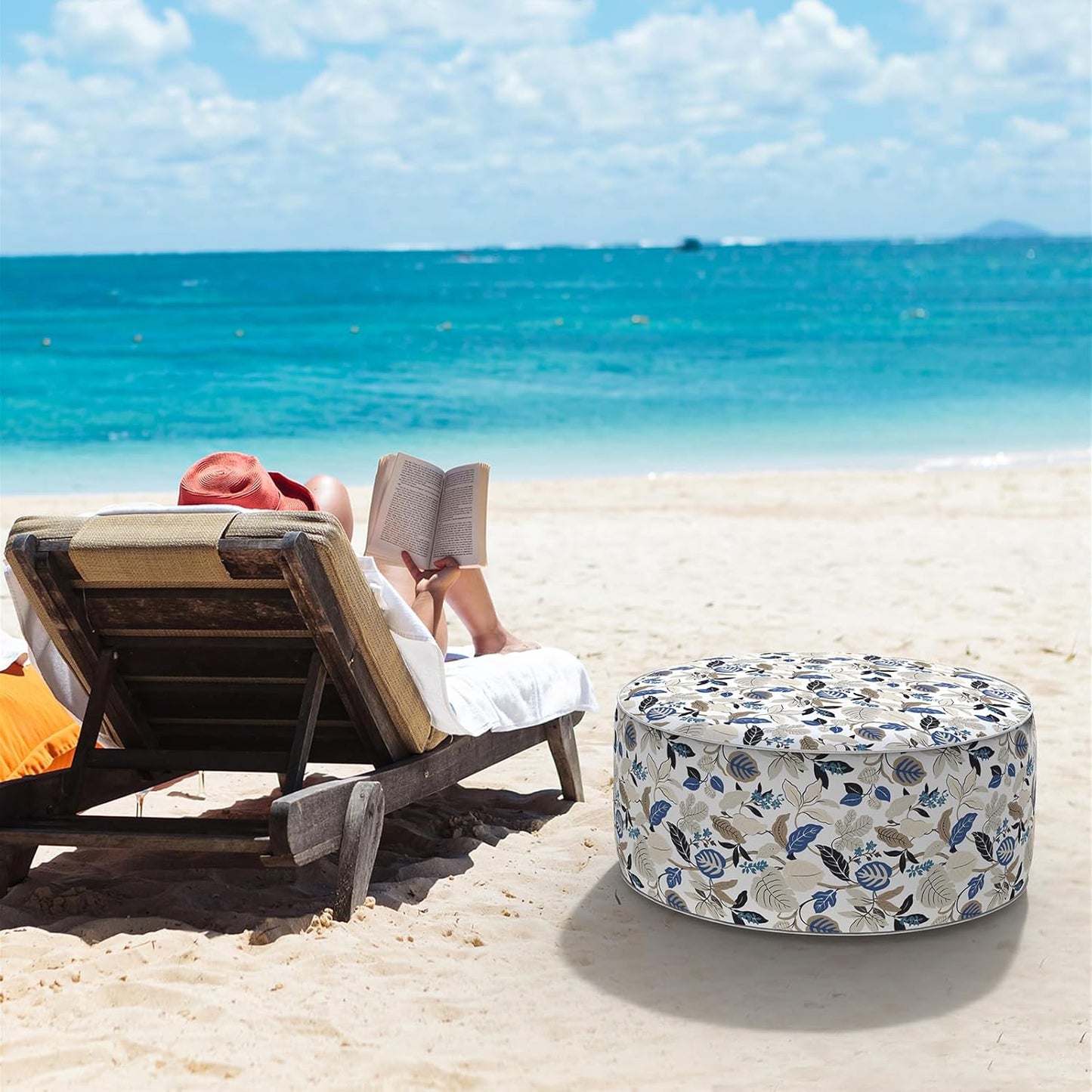 LVTXIII Indoor/Outdoor Inflatable Ottoman, D31 x H14 Inch Large Round Ottoman, All Weather Foot Rest Stool, Portable Footrest for Patio, Garden, Camping and Home - Breeze Leaves Beige