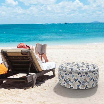 LVTXIII Indoor/Outdoor Inflatable Ottoman, D31 x H14 Inch Large Round Ottoman, All Weather Foot Rest Stool, Portable Footrest for Patio, Garden, Camping and Home - Breeze Leaves Beige