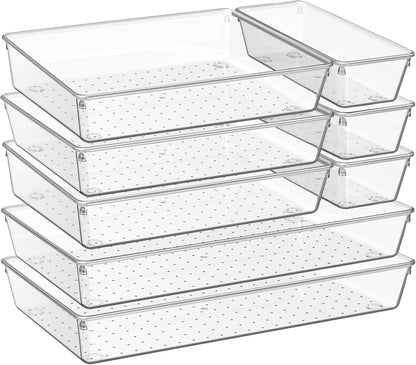Criusia 8 Pack Drawer Organizer for Kitchen Gadgets, Large Clear Plastic Drawer Divider for Kitchen Accessories, Bathroom Organizers and Storage, Home Essentials for Makeup and Vanity Accessories
