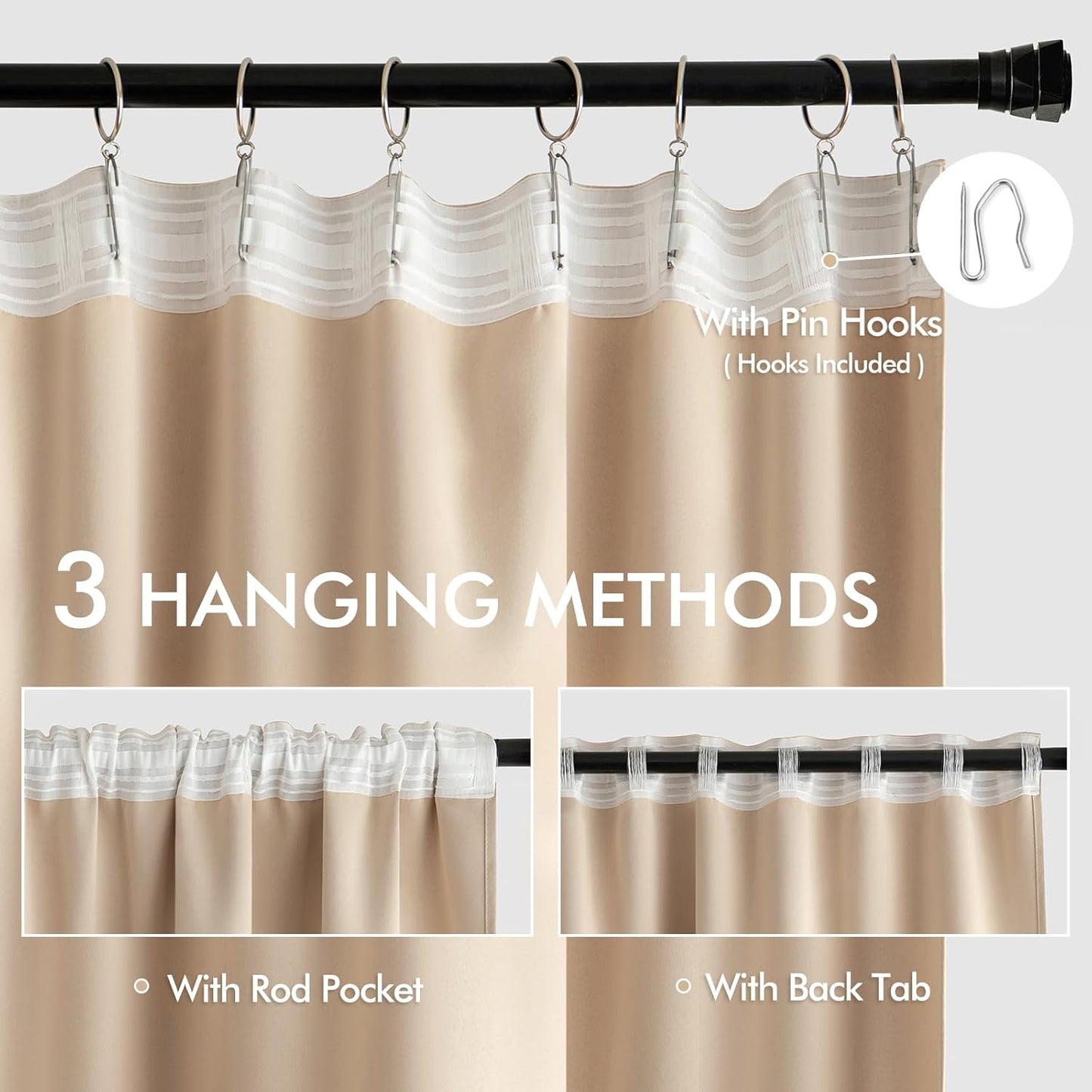 MIULEE Back Tab Beige Curtains 102 Inch Long 2 Panels Set for Living Room Bedroom, Cream Rod Pocket/Pinch Pleated Light Blocking Thermal Insulated Room Darkening Floor to Ceiling Blackout Drapes