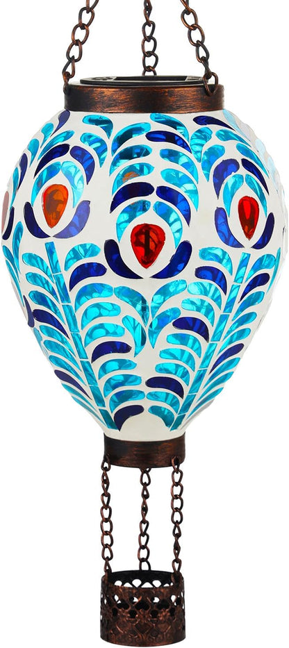 VOREEN Hot Air Balloon Solar Lantern, Mosaic Solar Outdoor Hanging Wind Light, Waterproof, Patio Festive Decor, Gift for Mom Wife Friend, Peacock Feather Design
