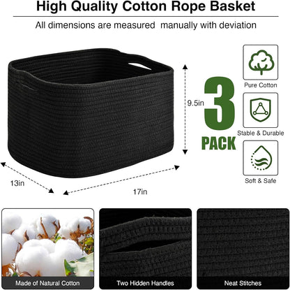 Large Storage Baskets for Organizing Shelves, Woven Cotton Rope Bins for Baby Nursery Organization, Book Toy Towel Organizer, 17"x13"x9.5", 3 Packs, Black