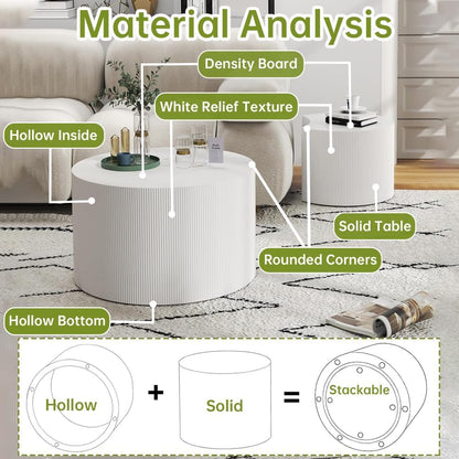 Round Nesting Coffee Table Modern White Fluted Coffee Table Set of 2 Stripe Round Coffee Tables Drum Crescent Side Table Accent End Table for Living Room (White A Small)
