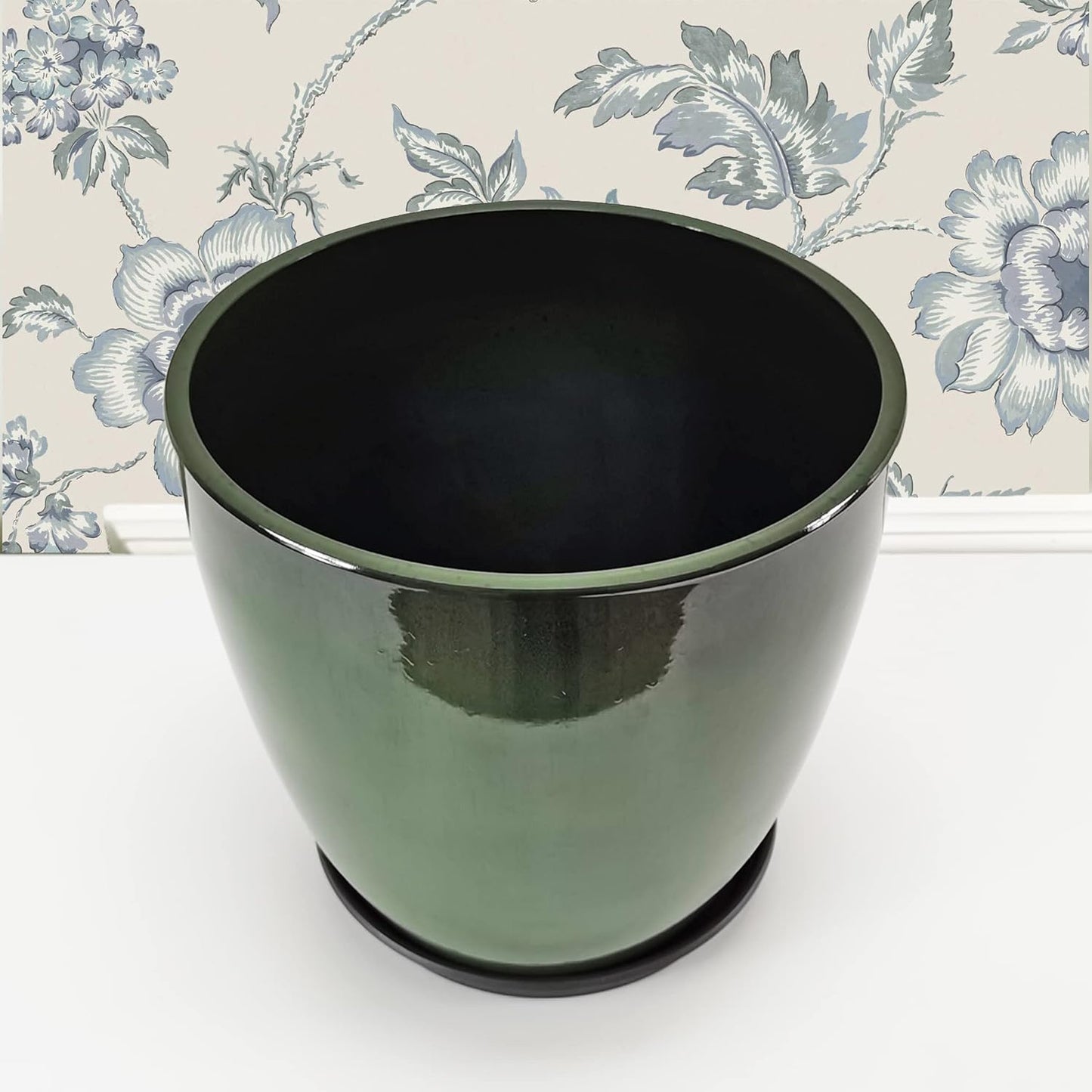 FixtureDisplays® Garden Green Plastic Round 11.8 Inches Diameter 11.8 Inches Tall Planter Resin Glazed Faux Ceramic Flower Pots Drainage Hole with Saucer Decorative Pot 15675-NF